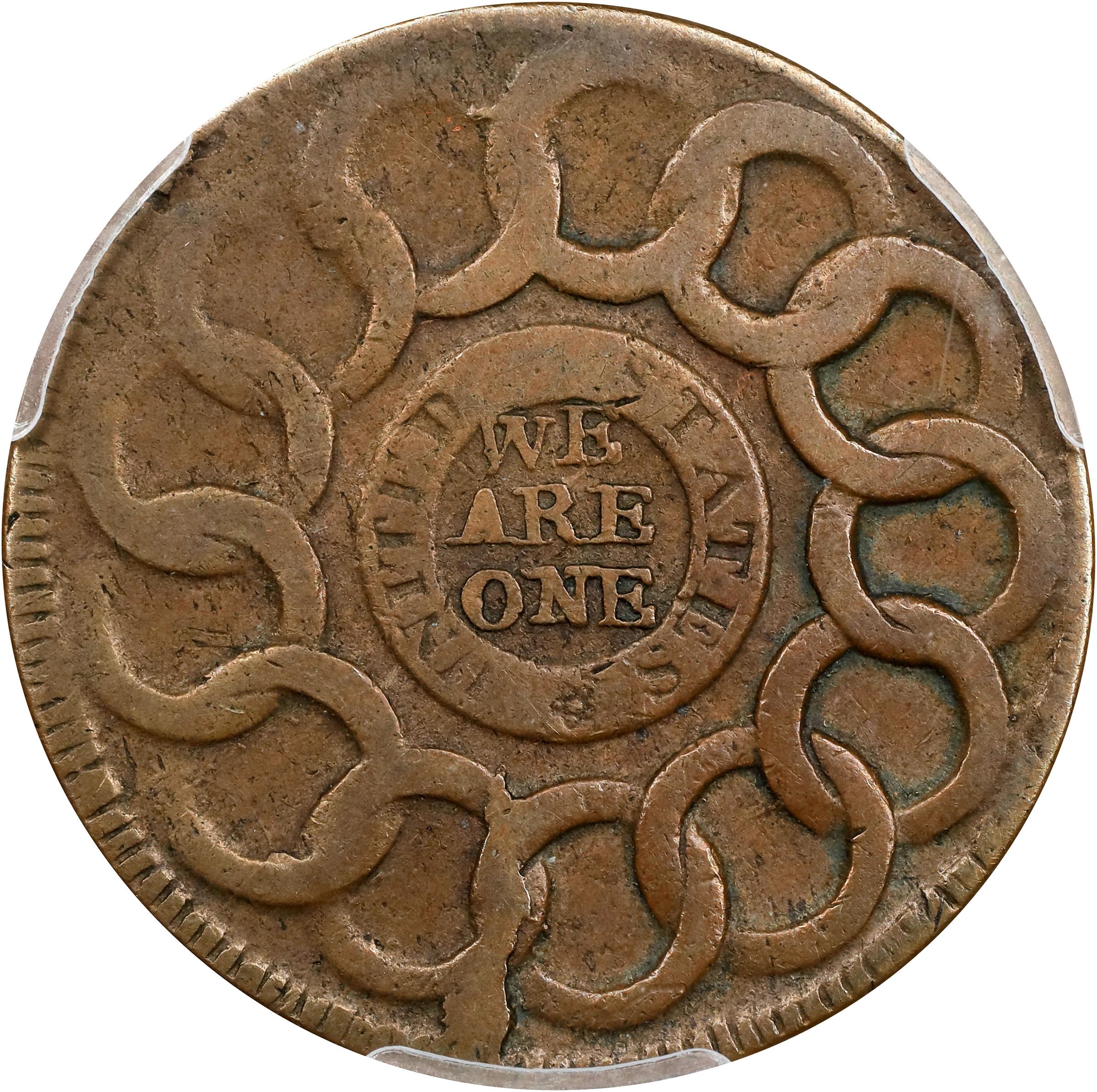 image for: 1787 Fugio Cent. Pointed Rays. Newman 16-H, W-6920. Rarity-5-. UNITED STATES, 4 Cinquefoils. VF-20 (PCGS).