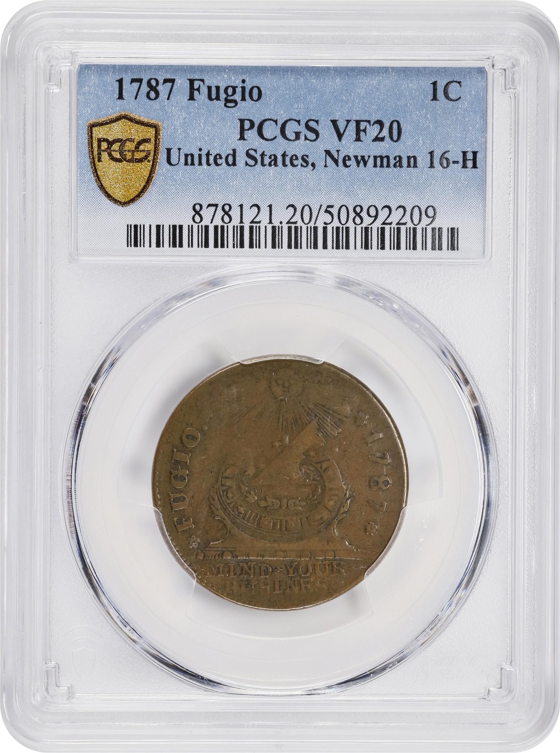 image for: 1787 Fugio Cent. Pointed Rays. Newman 16-H, W-6920. Rarity-5-. UNITED STATES, 4 Cinquefoils. VF-20 (PCGS).