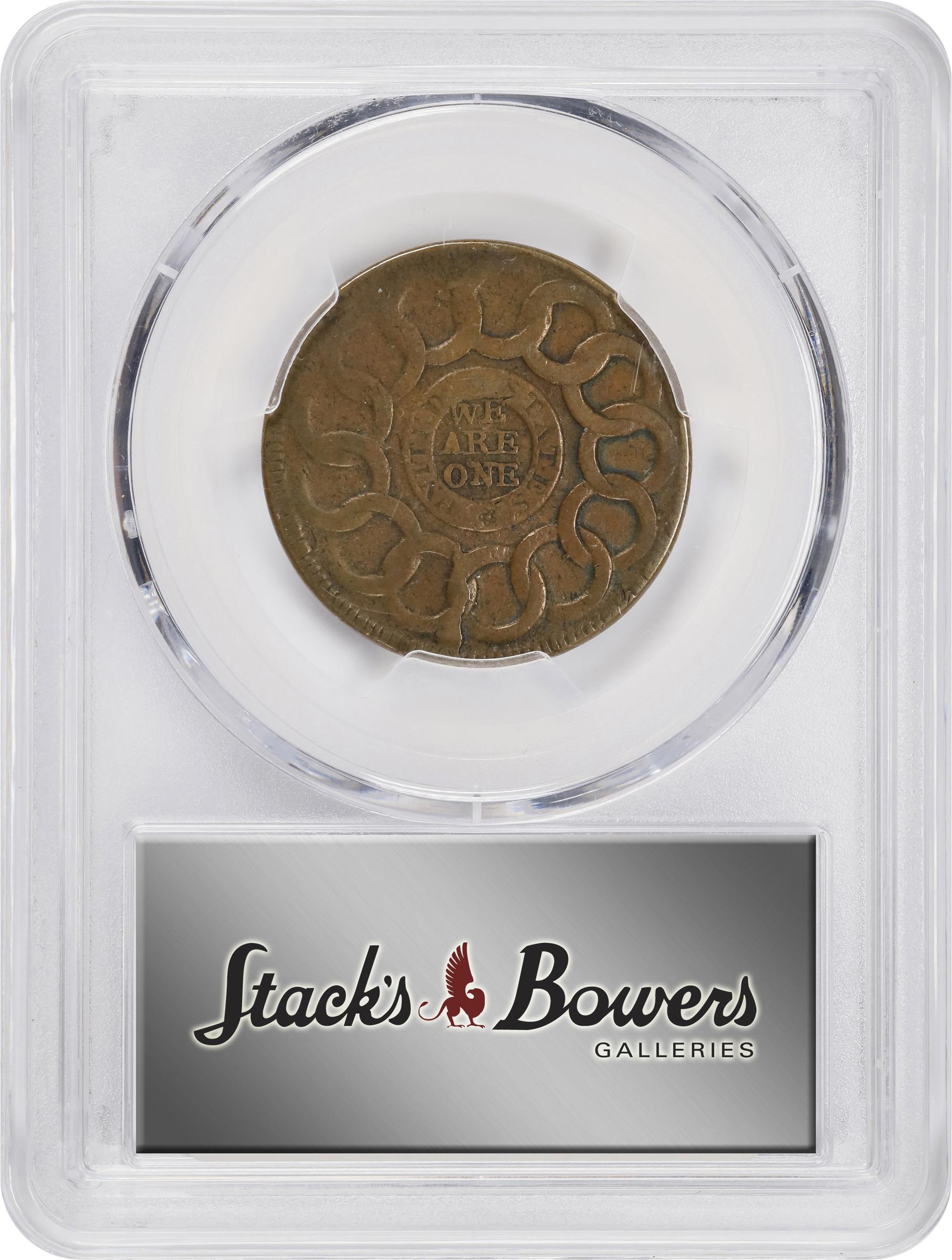 image for: 1787 Fugio Cent. Pointed Rays. Newman 16-H, W-6920. Rarity-5-. UNITED STATES, 4 Cinquefoils. VF-20 (PCGS).