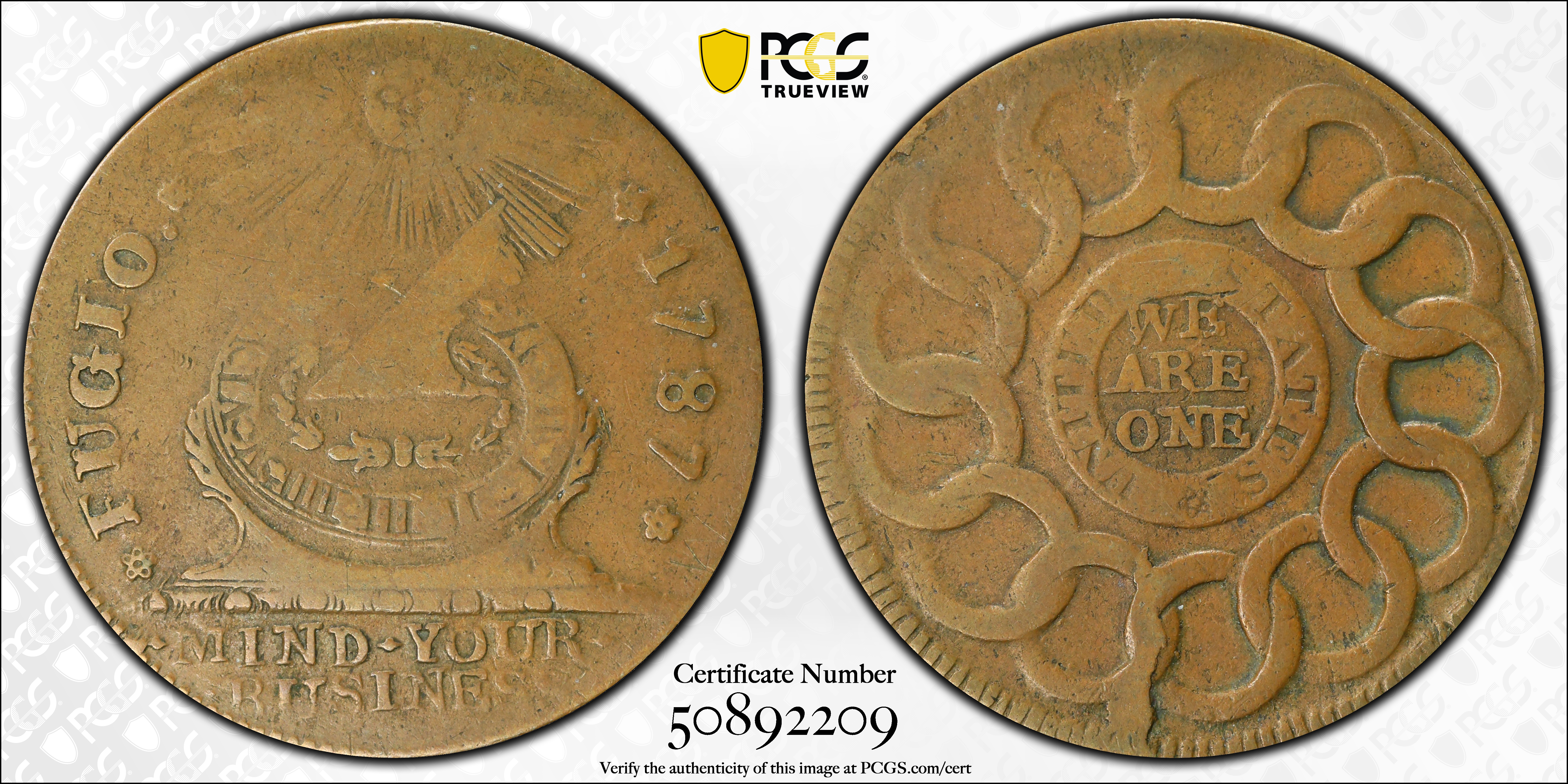 image for: 1787 Fugio Cent. Pointed Rays. Newman 16-H, W-6920. Rarity-5-. UNITED STATES, 4 Cinquefoils. VF-20 (PCGS).