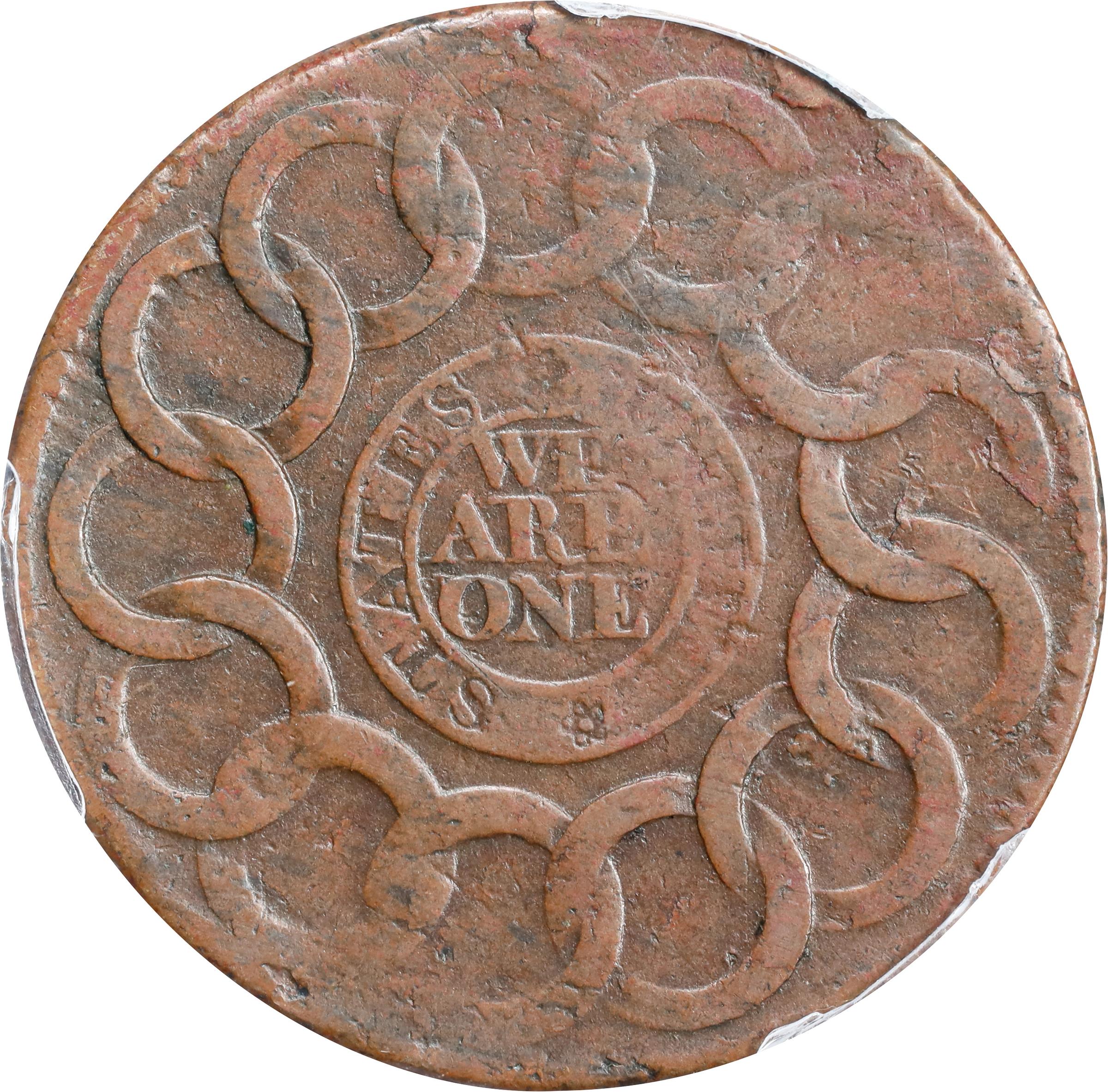 image for: 1787 Fugio Cent. Pointed Rays. Newman 19-Z, W-6975. Rarity-4. STATES UNITED, Label with Raised Rims, Large Letters in WE ARE ONE. VF-30 (PCGS).