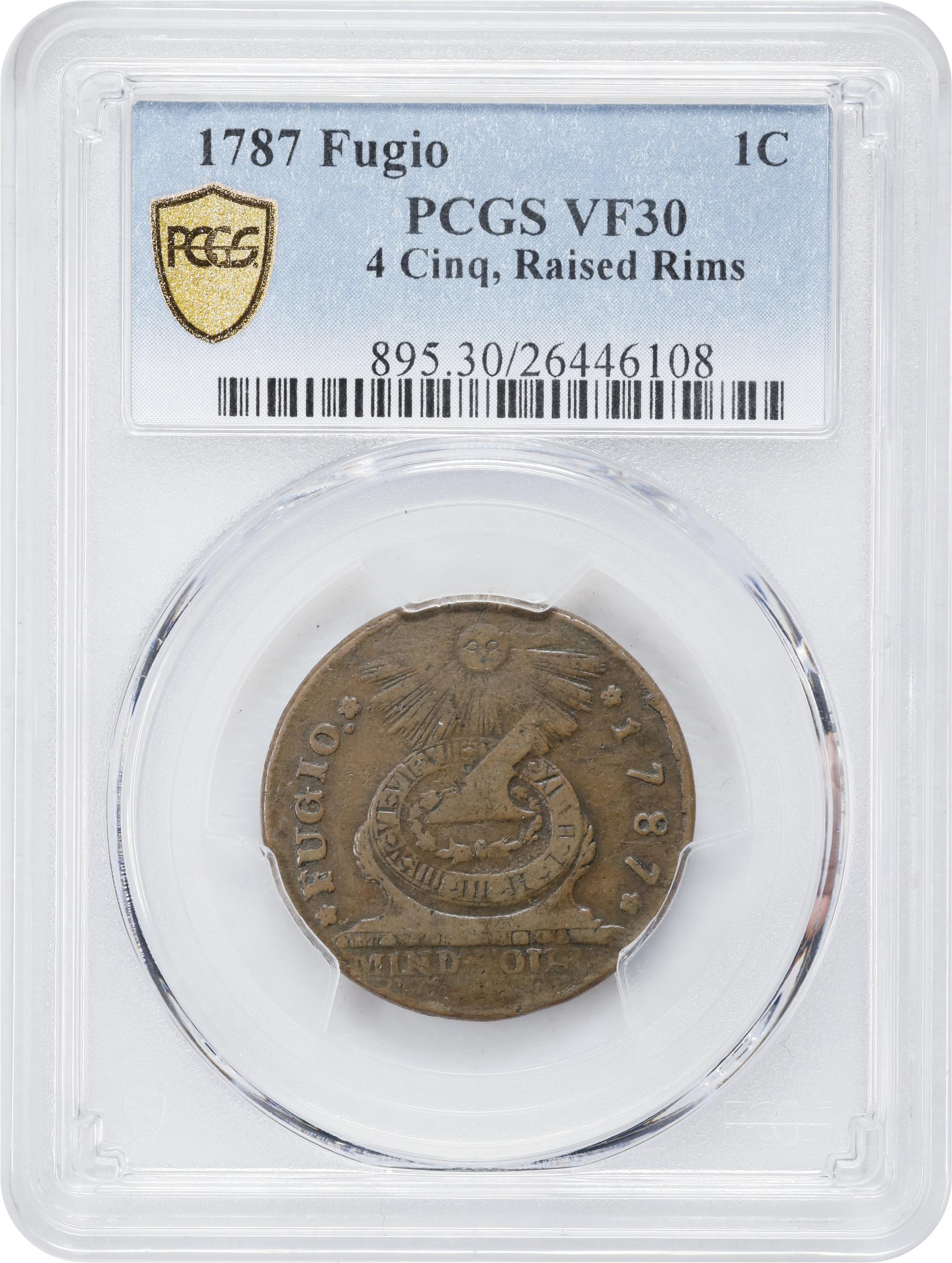 image for: 1787 Fugio Cent. Pointed Rays. Newman 19-Z, W-6975. Rarity-4. STATES UNITED, Label with Raised Rims, Large Letters in WE ARE ONE. VF-30 (PCGS).
