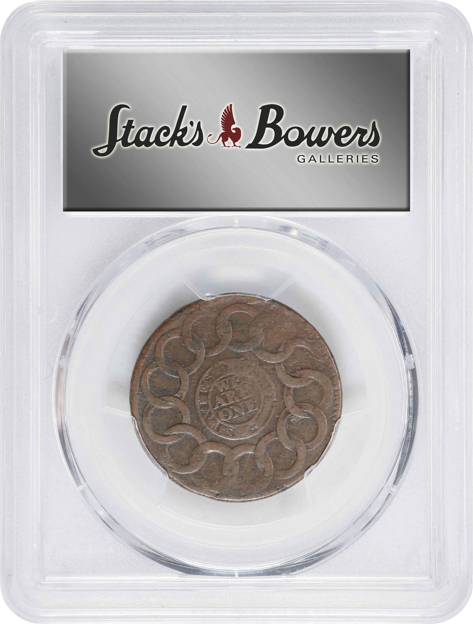 image for: 1787 Fugio Cent. Pointed Rays. Newman 19-Z, W-6975. Rarity-4. STATES UNITED, Label with Raised Rims, Large Letters in WE ARE ONE. VF-30 (PCGS).