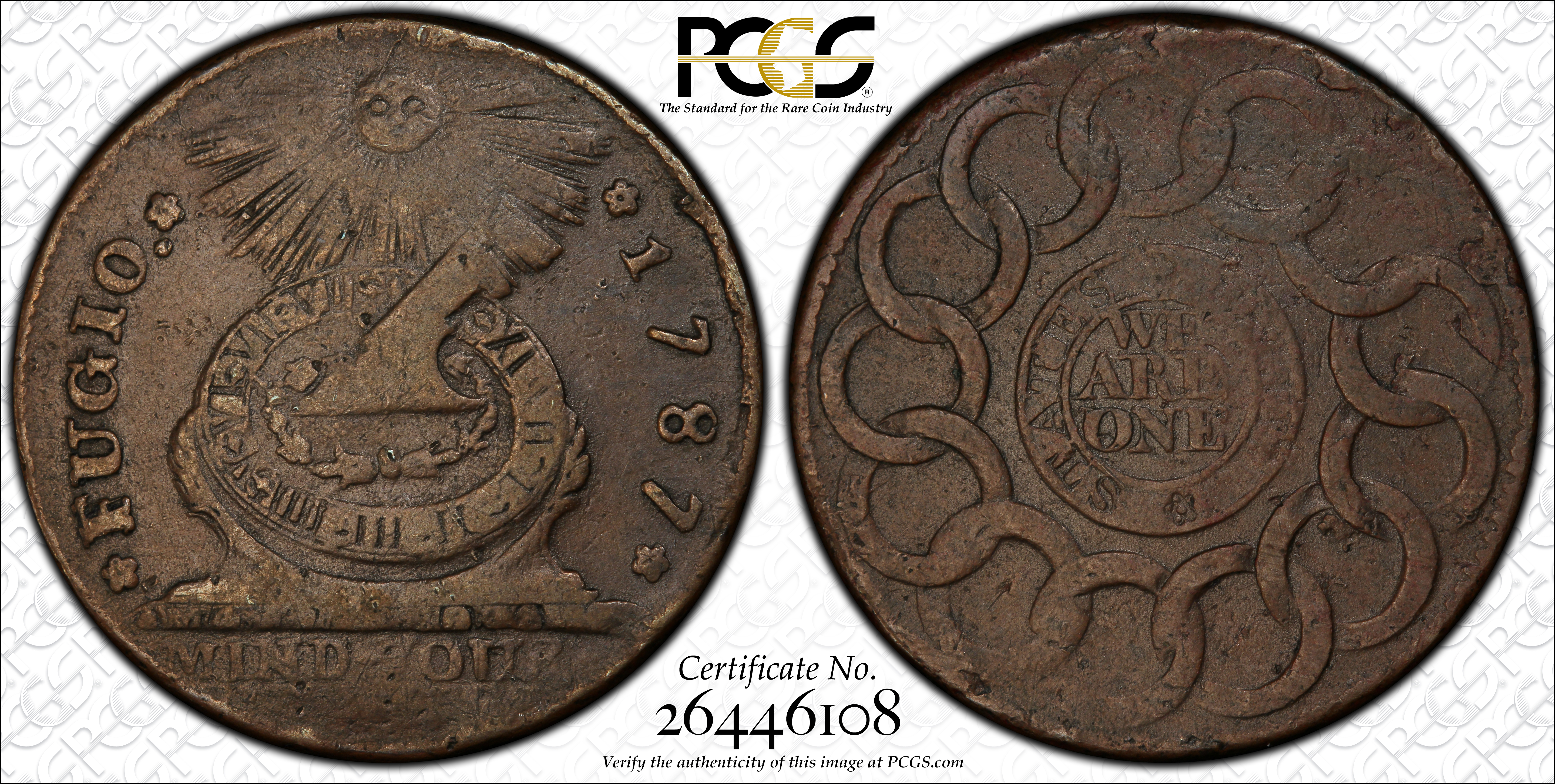 image for: 1787 Fugio Cent. Pointed Rays. Newman 19-Z, W-6975. Rarity-4. STATES UNITED, Label with Raised Rims, Large Letters in WE ARE ONE. VF-30 (PCGS).