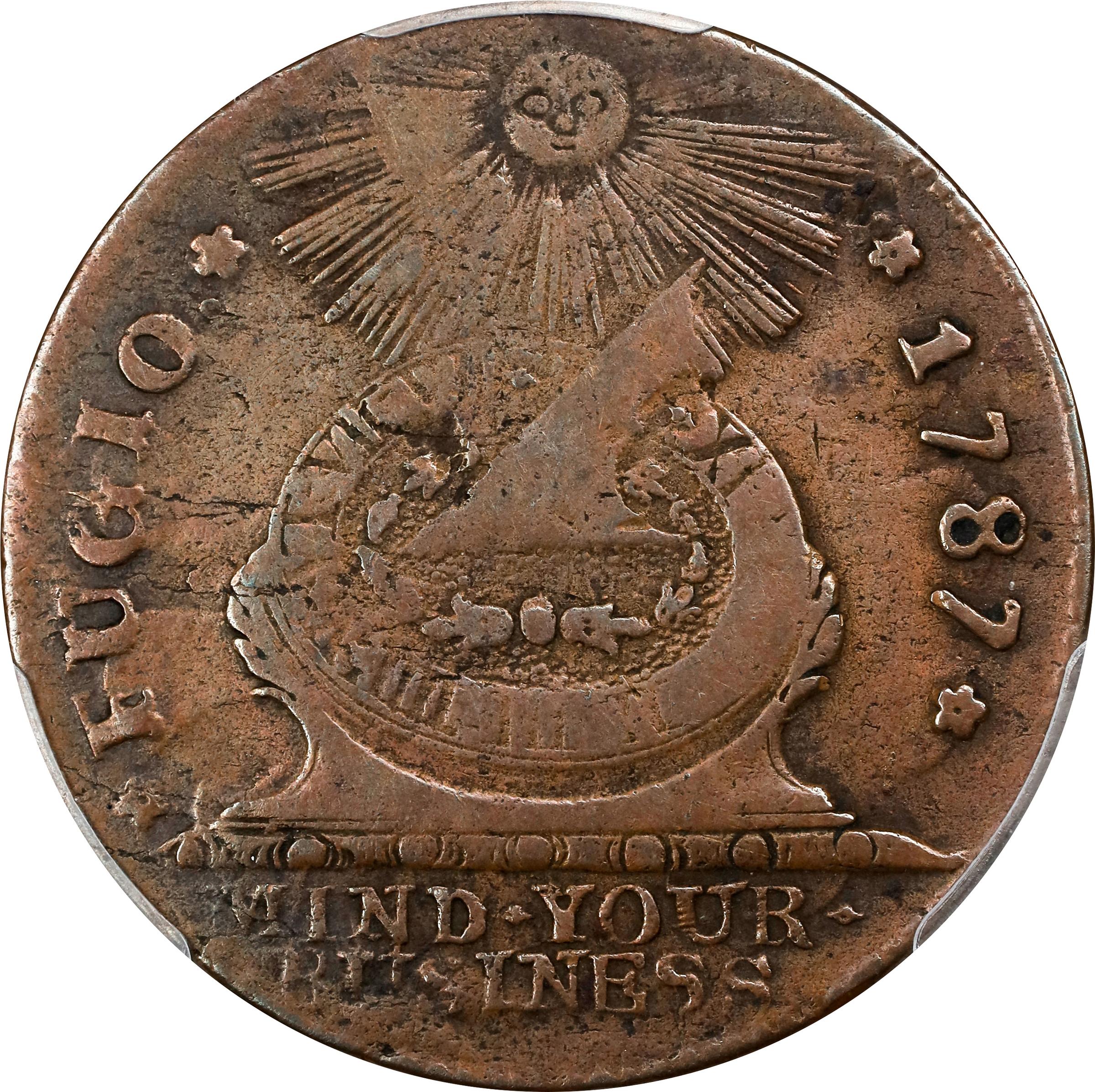 image for: 1787 Fugio Cent. Pointed Rays. Newman 20-X, W-7000. Rarity-5-. STATES UNITED, 4 Cinquefoils. VF-25 (PCGS).