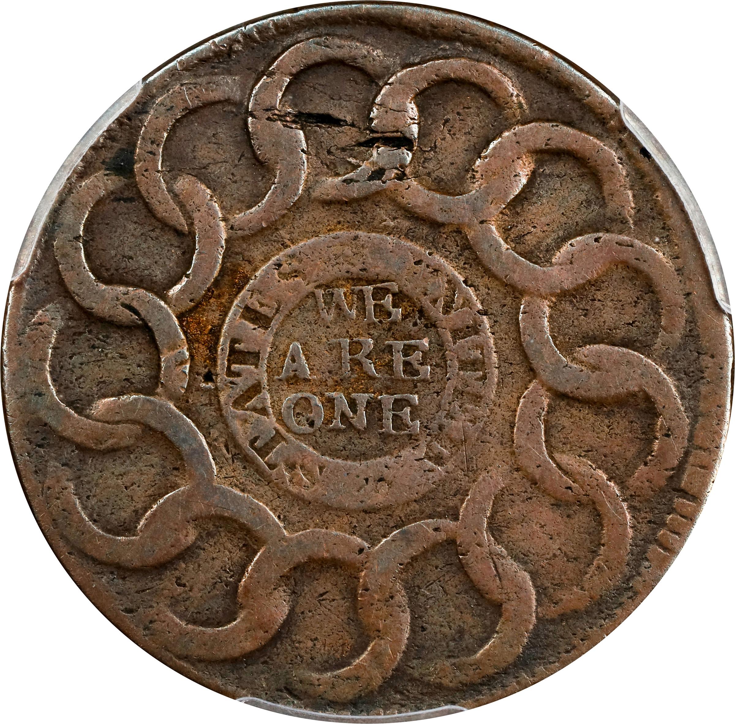 image for: 1787 Fugio Cent. Pointed Rays. Newman 20-X, W-7000. Rarity-5-. STATES UNITED, 4 Cinquefoils. VF-25 (PCGS).