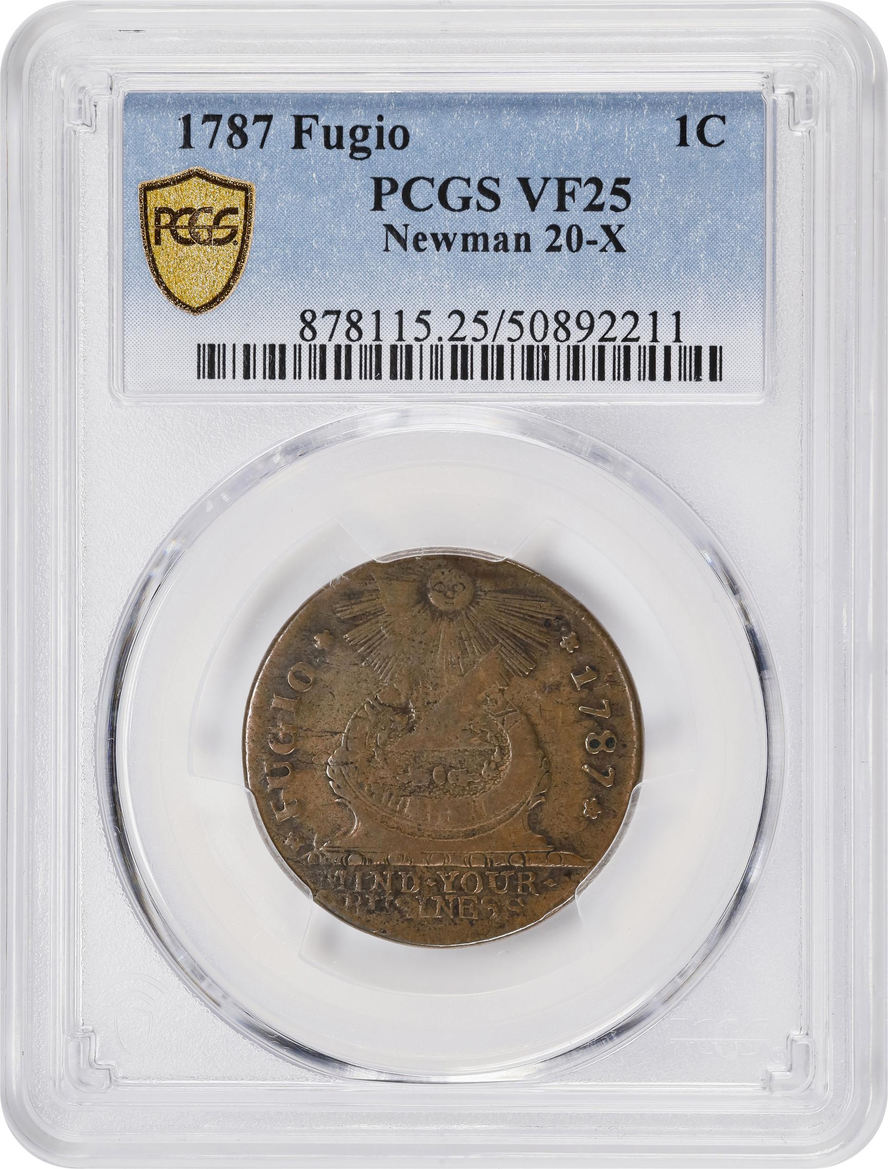 image for: 1787 Fugio Cent. Pointed Rays. Newman 20-X, W-7000. Rarity-5-. STATES UNITED, 4 Cinquefoils. VF-25 (PCGS).