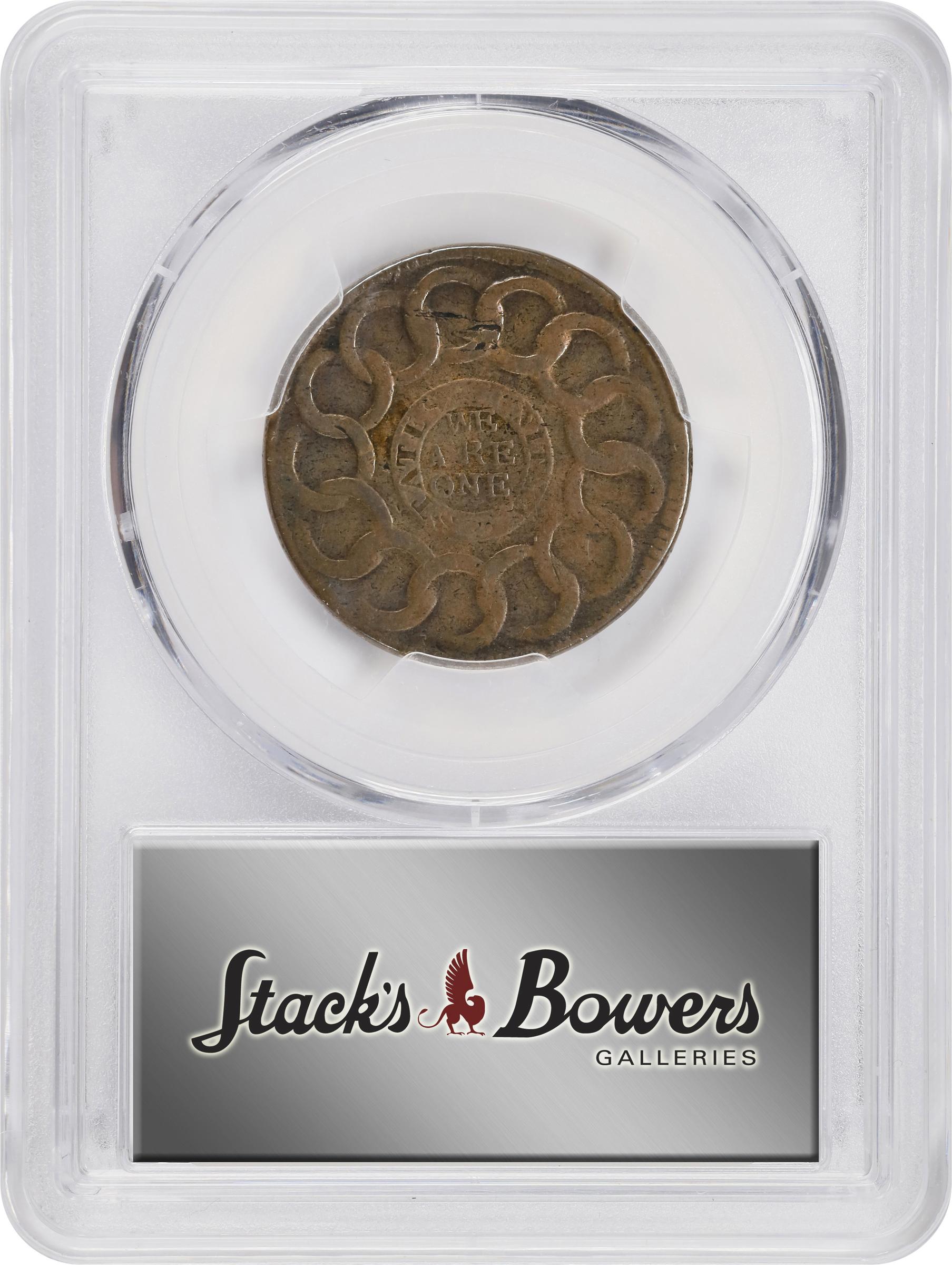 image for: 1787 Fugio Cent. Pointed Rays. Newman 20-X, W-7000. Rarity-5-. STATES UNITED, 4 Cinquefoils. VF-25 (PCGS).