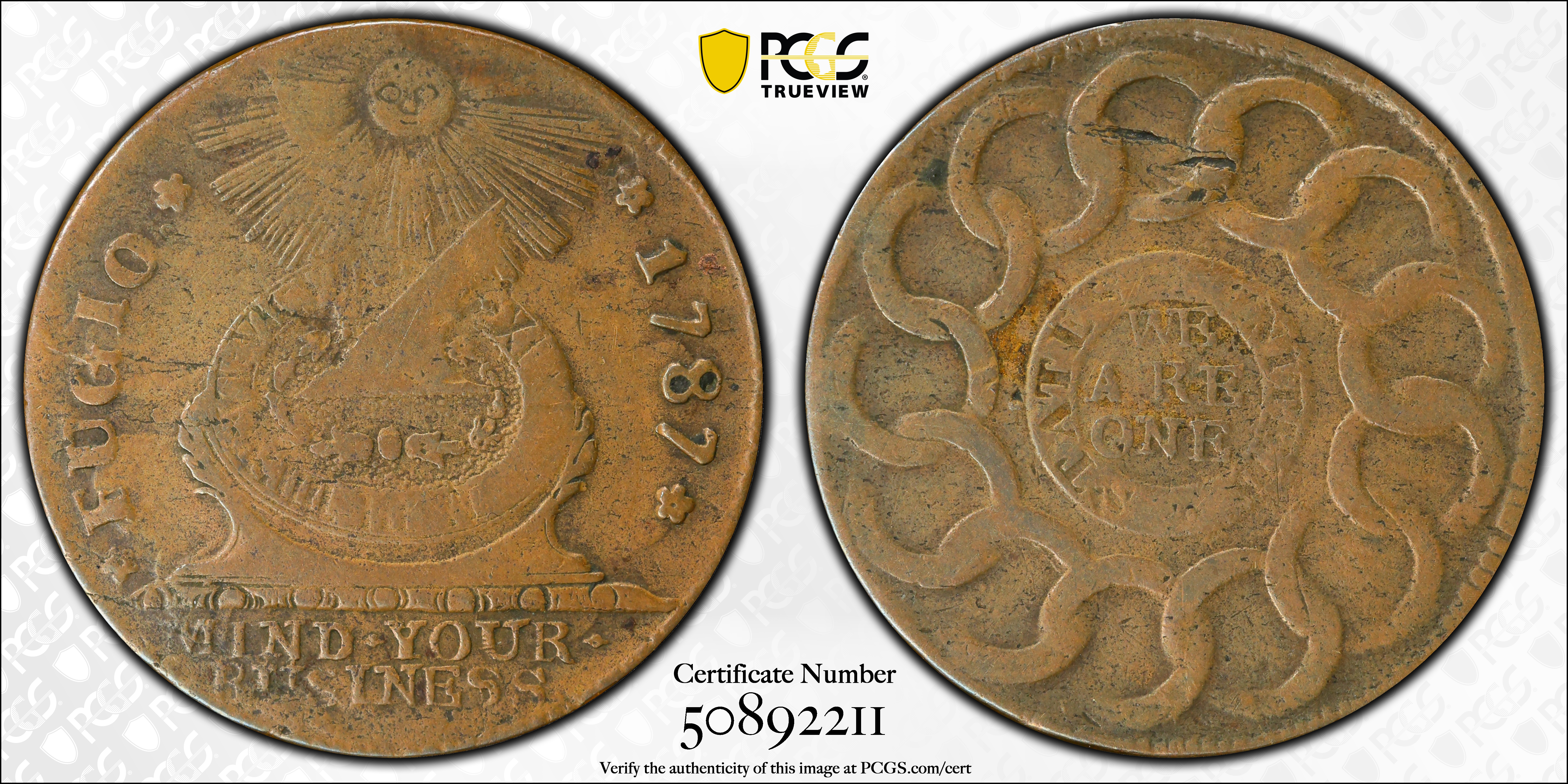 image for: 1787 Fugio Cent. Pointed Rays. Newman 20-X, W-7000. Rarity-5-. STATES UNITED, 4 Cinquefoils. VF-25 (PCGS).
