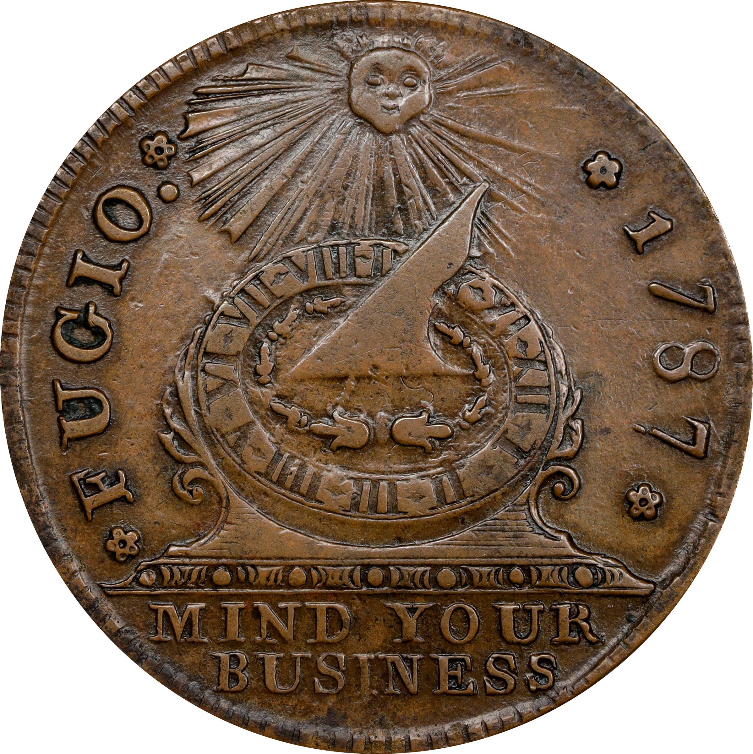 image for: "1787" (ca. 1860) Fugio Cent. "New Haven Restrike." Newman 104-FF, W-17560. Rarity-3. Brass or Yellow Bronze. AU-58 (PCGS).