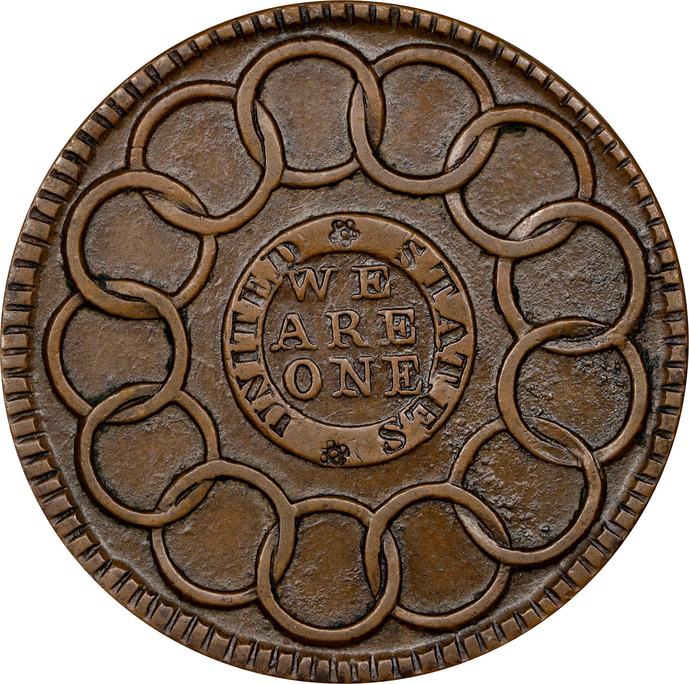 image for: "1787" (ca. 1860) Fugio Cent. "New Haven Restrike." Newman 104-FF, W-17560. Rarity-3. Brass or Yellow Bronze. AU-58 (PCGS).