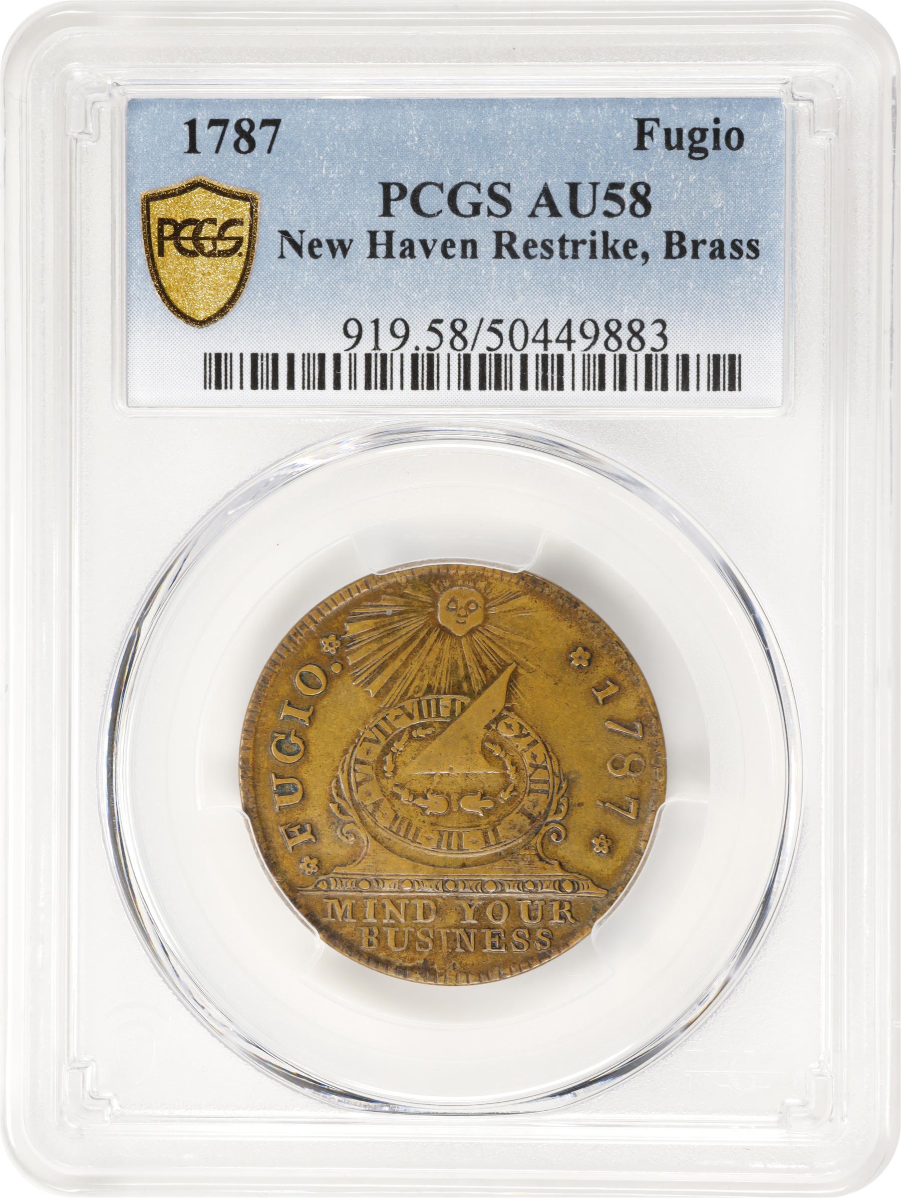 image for: "1787" (ca. 1860) Fugio Cent. "New Haven Restrike." Newman 104-FF, W-17560. Rarity-3. Brass or Yellow Bronze. AU-58 (PCGS).