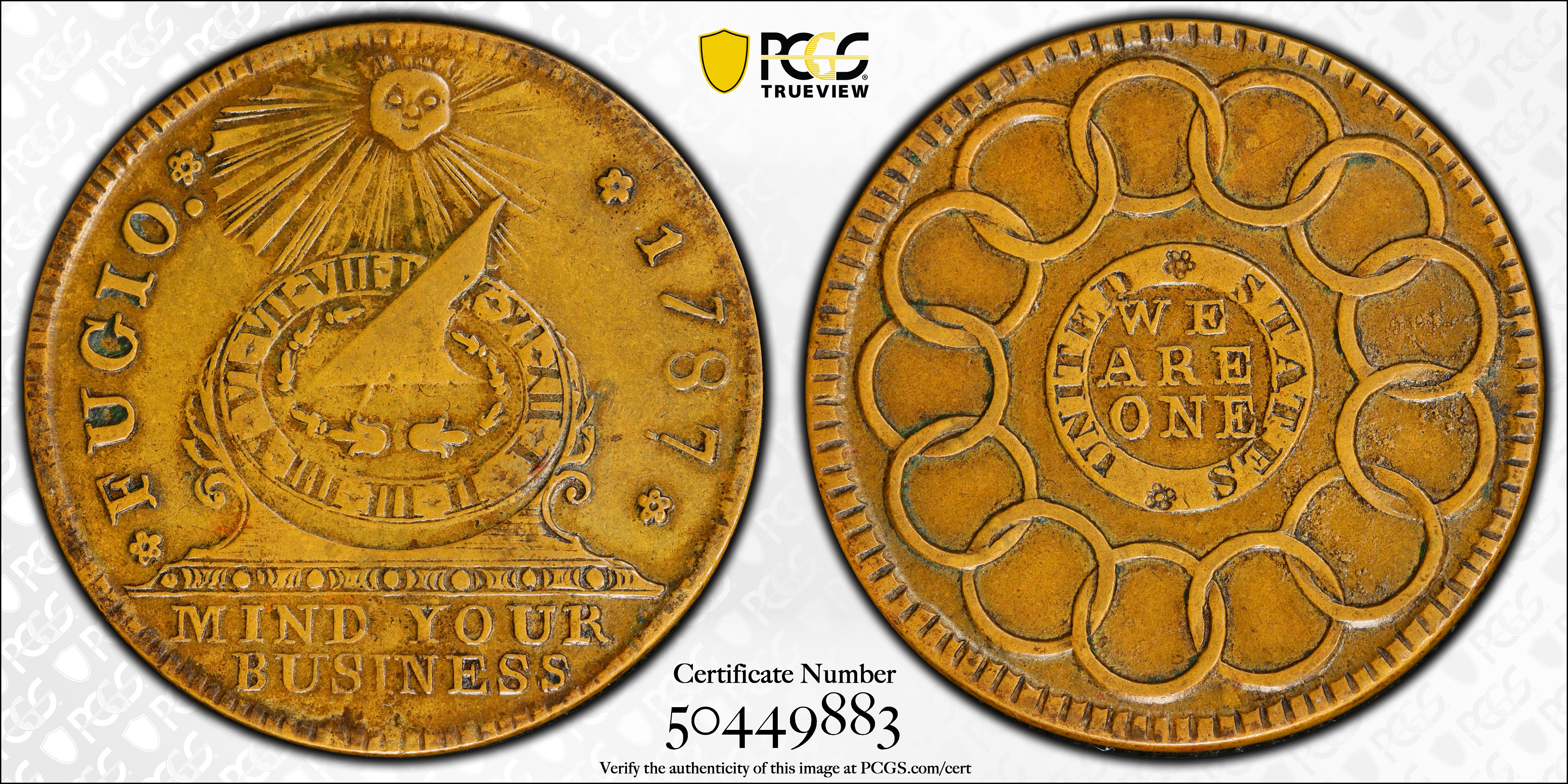 image for: "1787" (ca. 1860) Fugio Cent. "New Haven Restrike." Newman 104-FF, W-17560. Rarity-3. Brass or Yellow Bronze. AU-58 (PCGS).