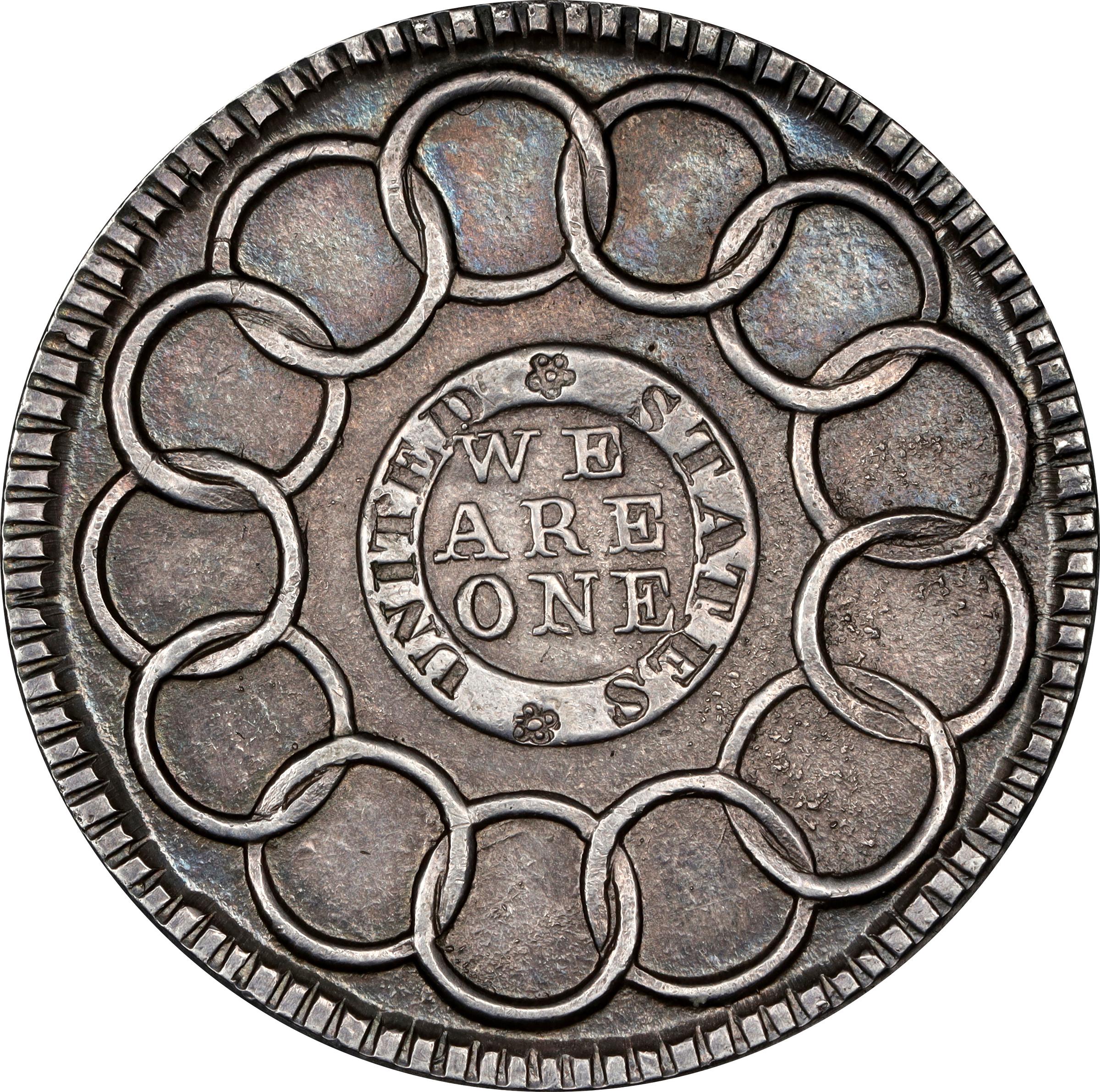 image for: "1787" (ca. 1860) Fugio Cent. "New Haven Restrike." Newman 104-FF, W-17570. Rarity-5. Silver. MS-62 (PCGS).