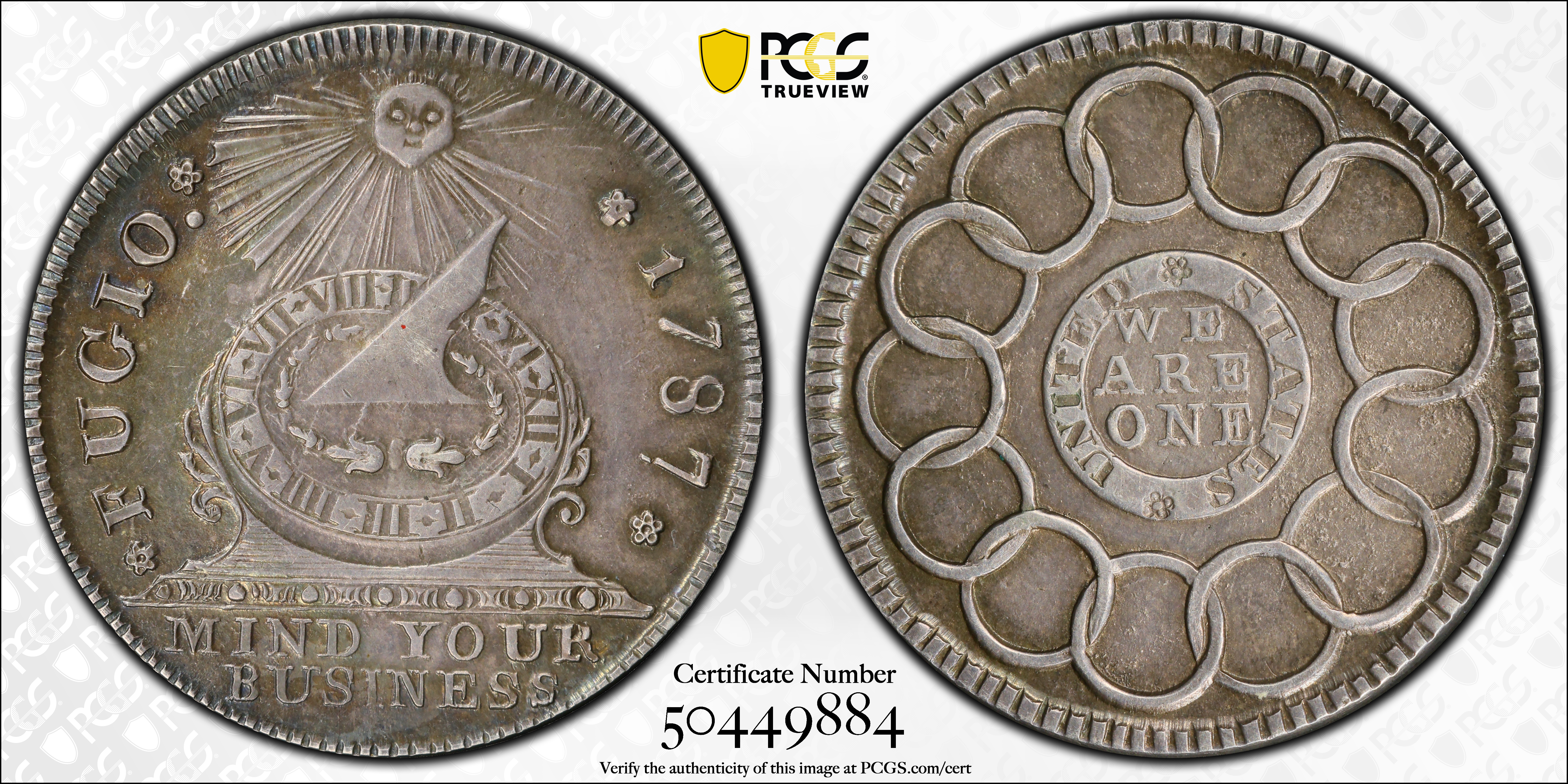 image for: "1787" (ca. 1860) Fugio Cent. "New Haven Restrike." Newman 104-FF, W-17570. Rarity-5. Silver. MS-62 (PCGS).