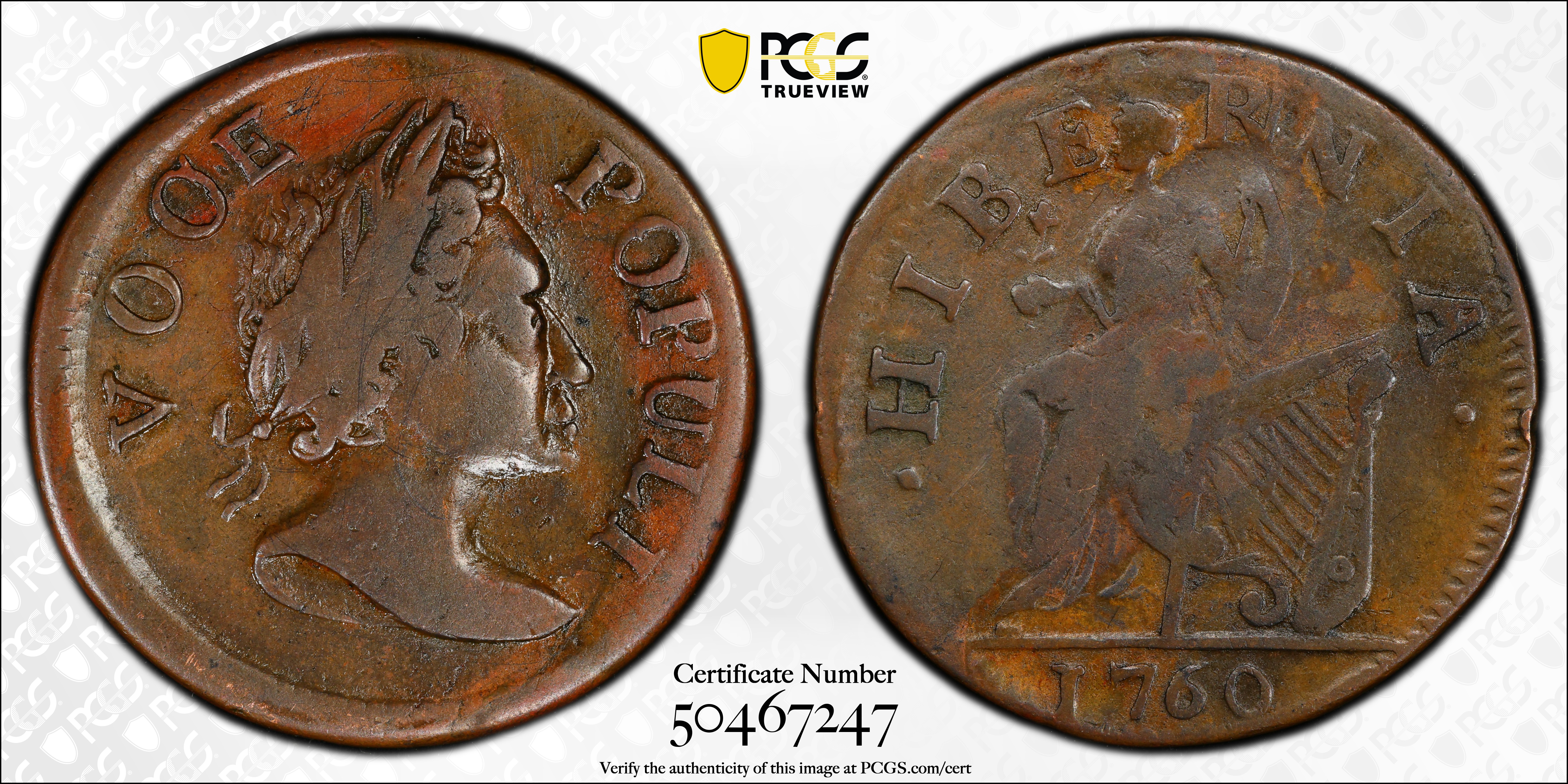 image for: 1760 Voce Populi Halfpenny. Nelson-3, Zelinka 7-E, W-13930. Rarity-3. VOOE POPULI. VF-35 (PCGS).