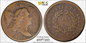 image for: 1794 Liberty Cap Half Cent. C-2a. Rarity-2+. Normal Head. Small Edge Letters. VG Details--Environmental Damage (PCGS).