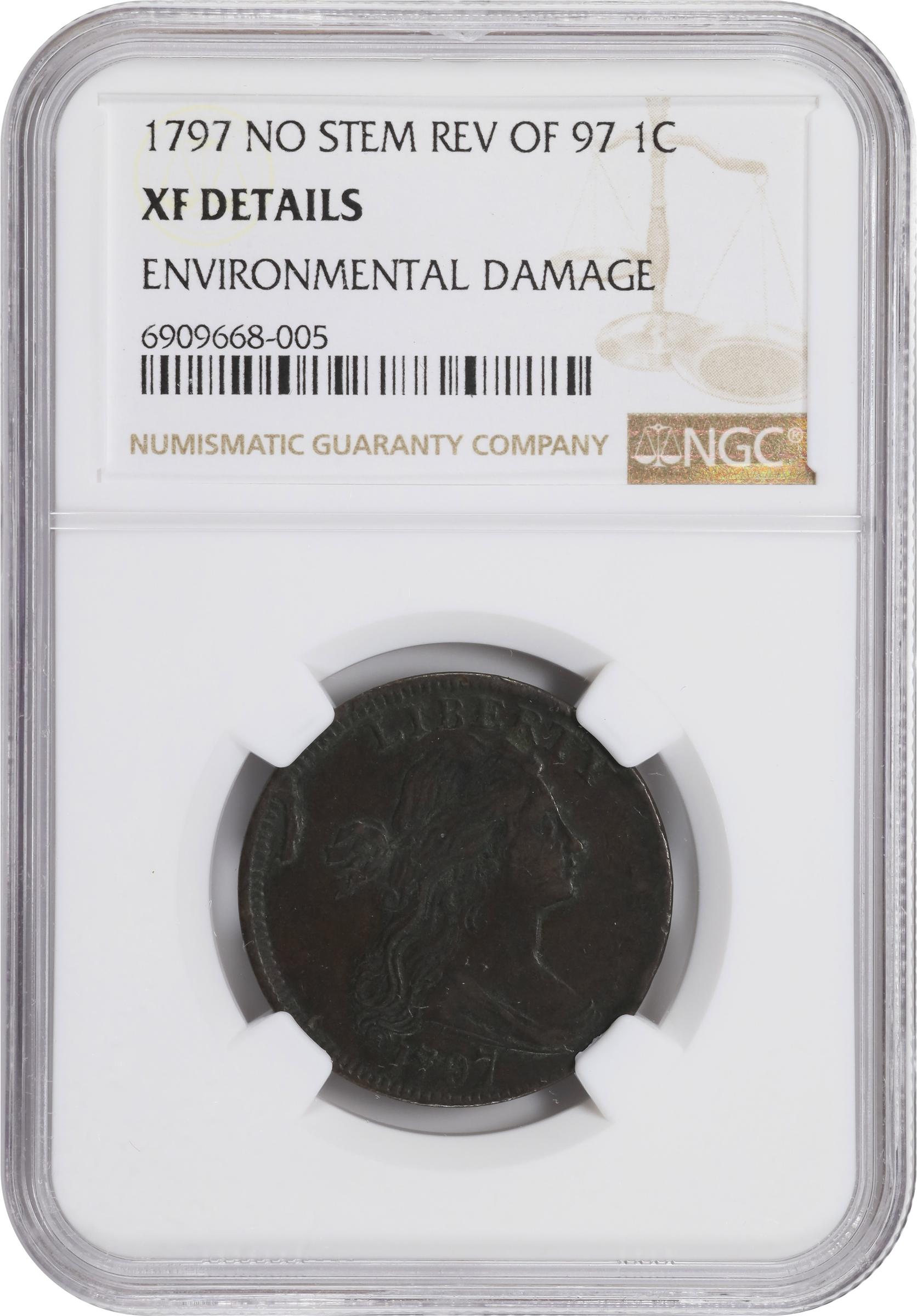 image for: 1797 Draped Bust Cent. S-131, B-27. Rarity-2. Reverse of 1797, Stemless Wreath. EF Details--Environmental Damage (NGC).