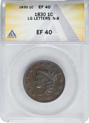image for: 1830 Matron Head Cent. N-8. Rarity-1. Large Letters. EF-40 (ANACS).