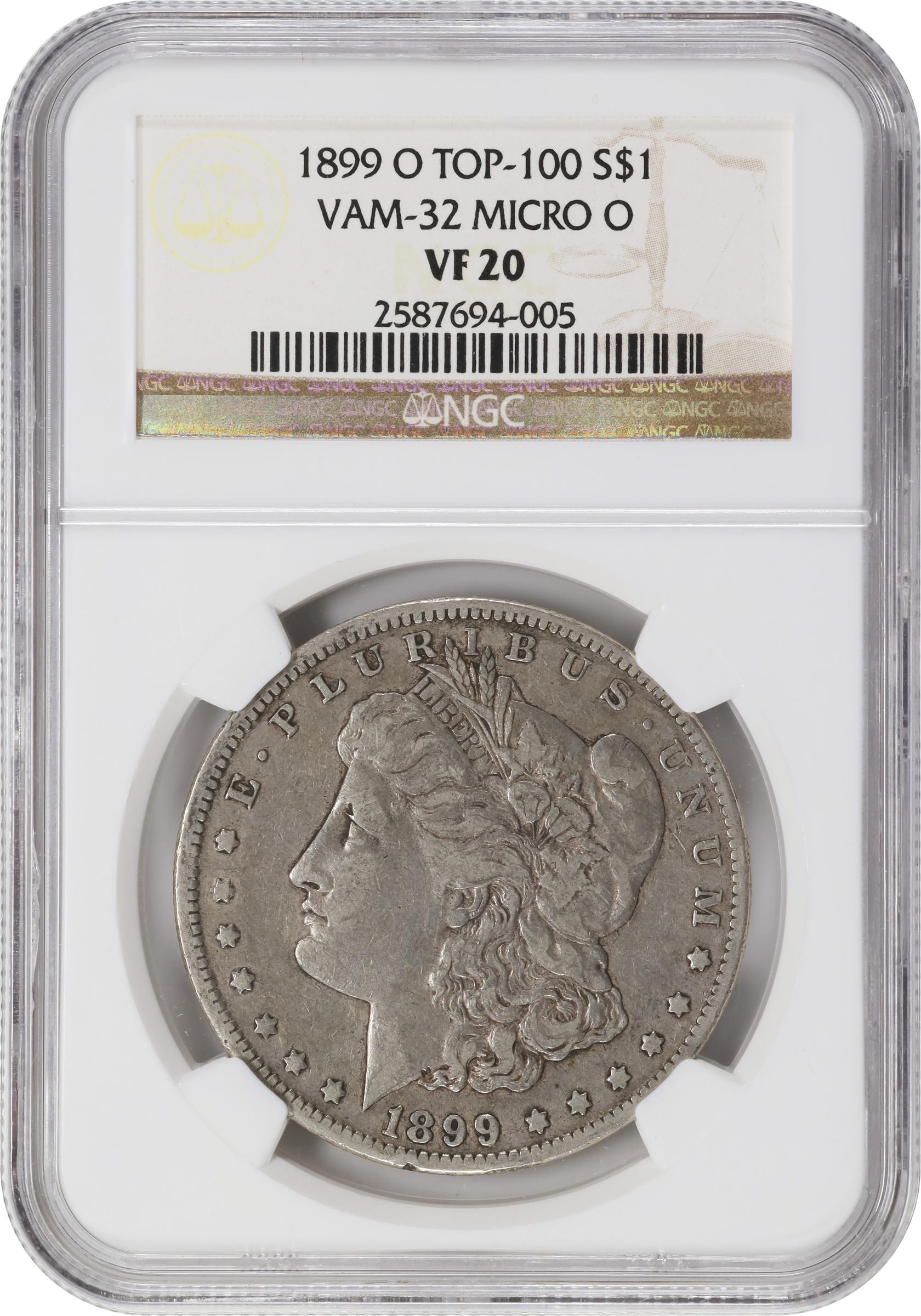 image for: 1899-O Morgan Silver Dollar. VAM-32. Top 100 Variety. Micro O. VF-20 (NGC).