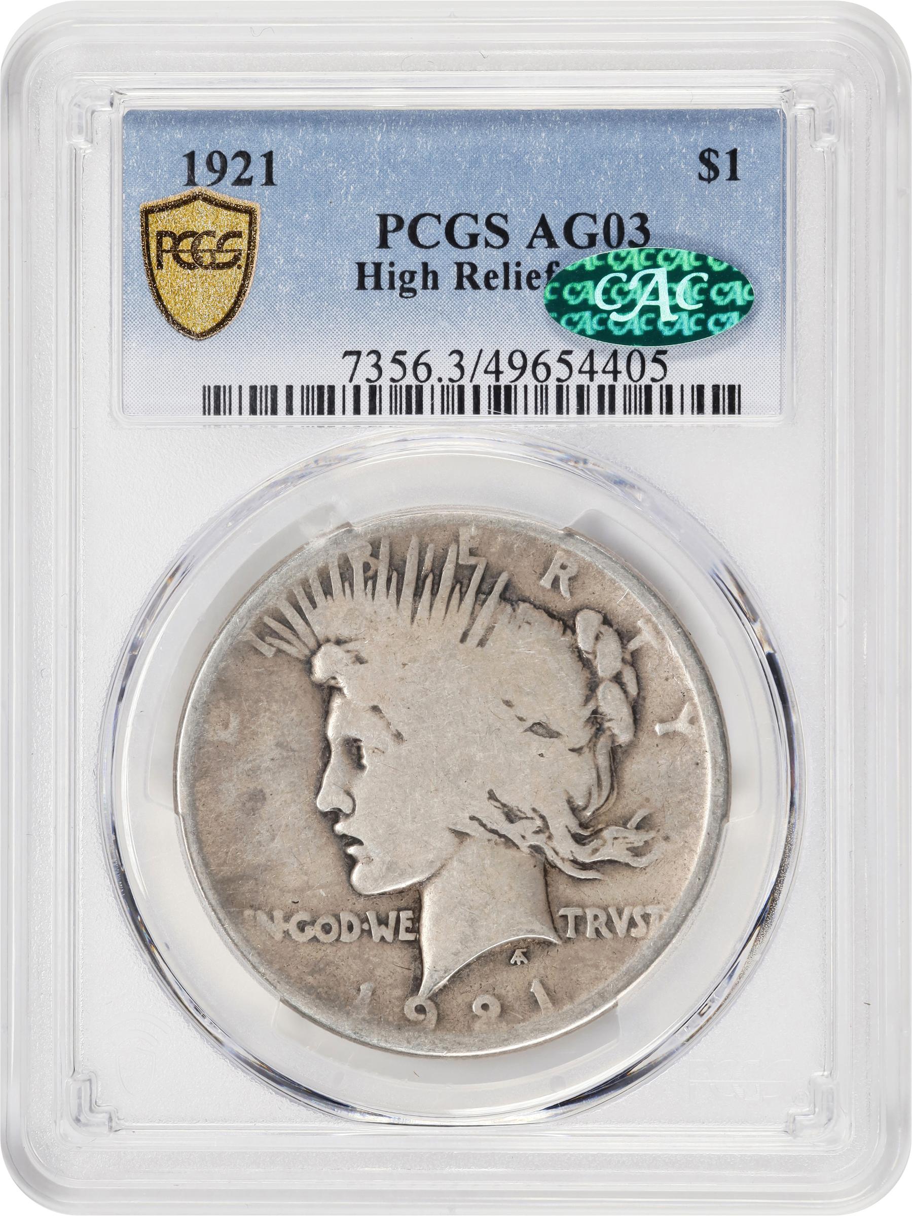 1921 $1  Peace, High Relief AG3 CAC thumbnail 3