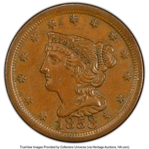 image for: 1853 1/2 C C-1, B-1, R.1, MS62 Brown PCGS. CAC. Mintage 129,694....