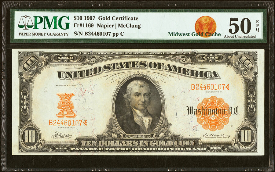 image for: Fr. 1169 $10 1907 Gold Certificate PMG About Uncirculated 50 EPQ....
