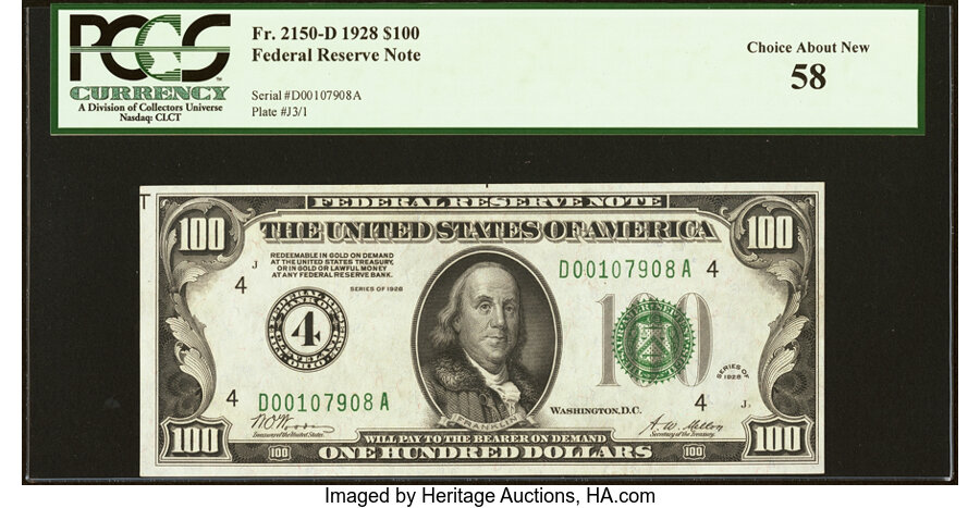 image for: Fr. 2150-D $100 1928 Federal Reserve Note. PCGS Choice About New 58....