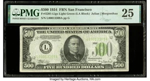 image for: Fr. 2201-L $500 1934 Light Green Seal Federal Reserve Note. PMG Very Fine 25....