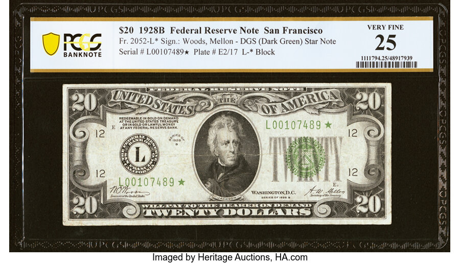 image for: Fr. 2052-L* $20 1928B Federal Reserve Star Note. PCGS Banknote Very Fine 25....