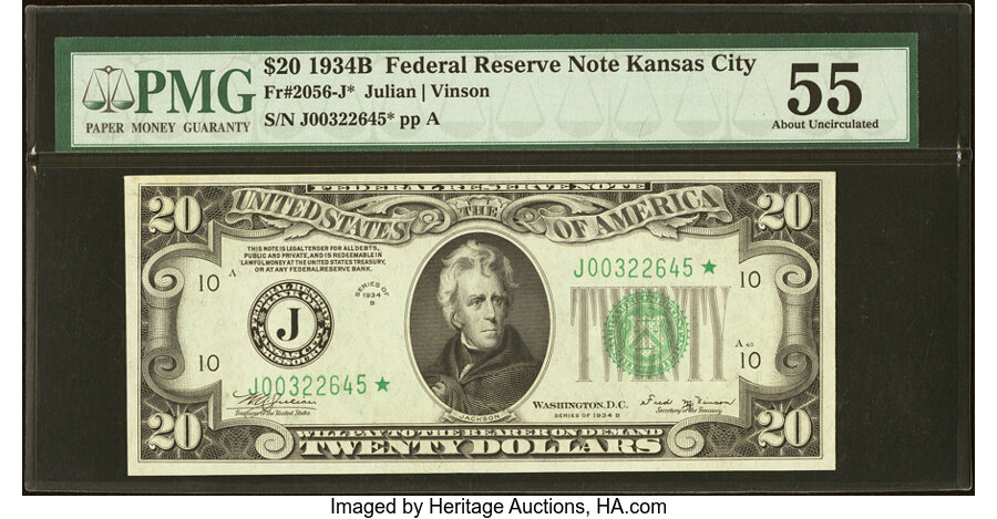 image for: Fr. 2056-J* $20 1934B Federal Reserve Star Note. PMG About Uncirculated 55....
