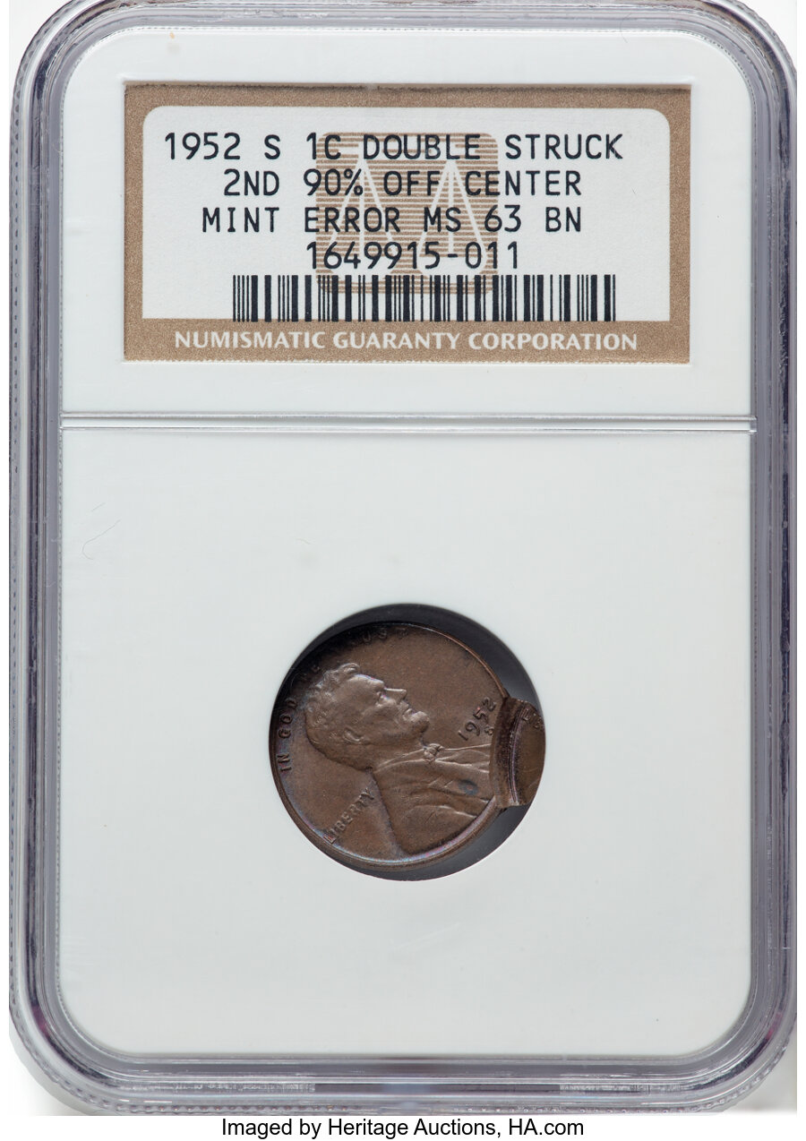 image for: 1952-S 1C Lincoln Cent -- Double Struck 2ND 90% Off Center -- MS63 Brown NGC. NGC Census: (2/3).  Mintage 137,800,004....
