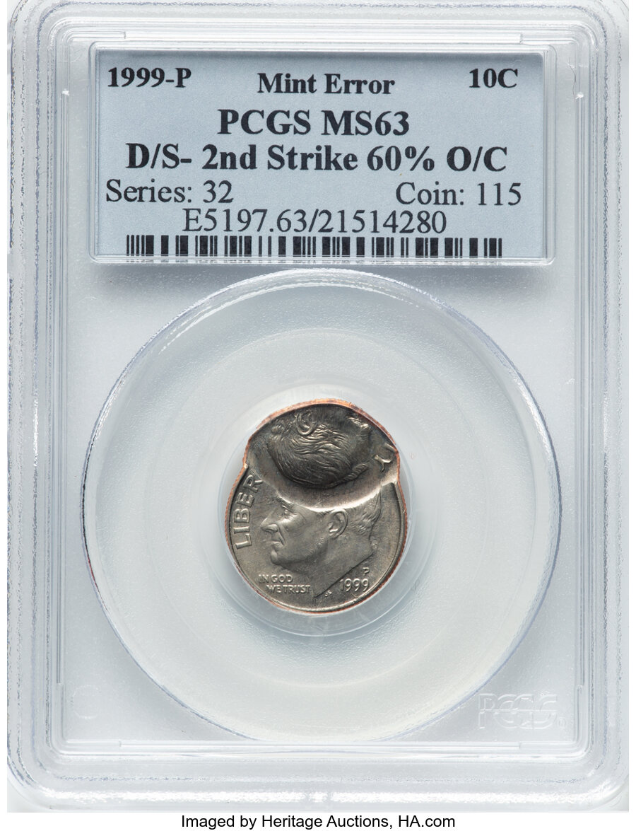 image for: 1999-P 10C Roosevelt Dime -- D/S- 2nd Strike 60% O/C -- MS63 PCGS. PCGS Population: (5/326)....
