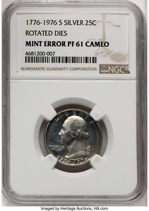 image for: 1776-1976-S 25C Washington Quarter Silver -- Rotated Dies -- PR61 Cameo NGC. NGC Census: (0/592). Mintage 4,000,000....