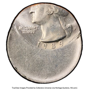 image for: 1989-P 25C Washington Quarter -- Struck 55% Off-Center -- MS64 PCGS. PCGS Population: (146/275 and 1/5+). NGC Census: (23/2...