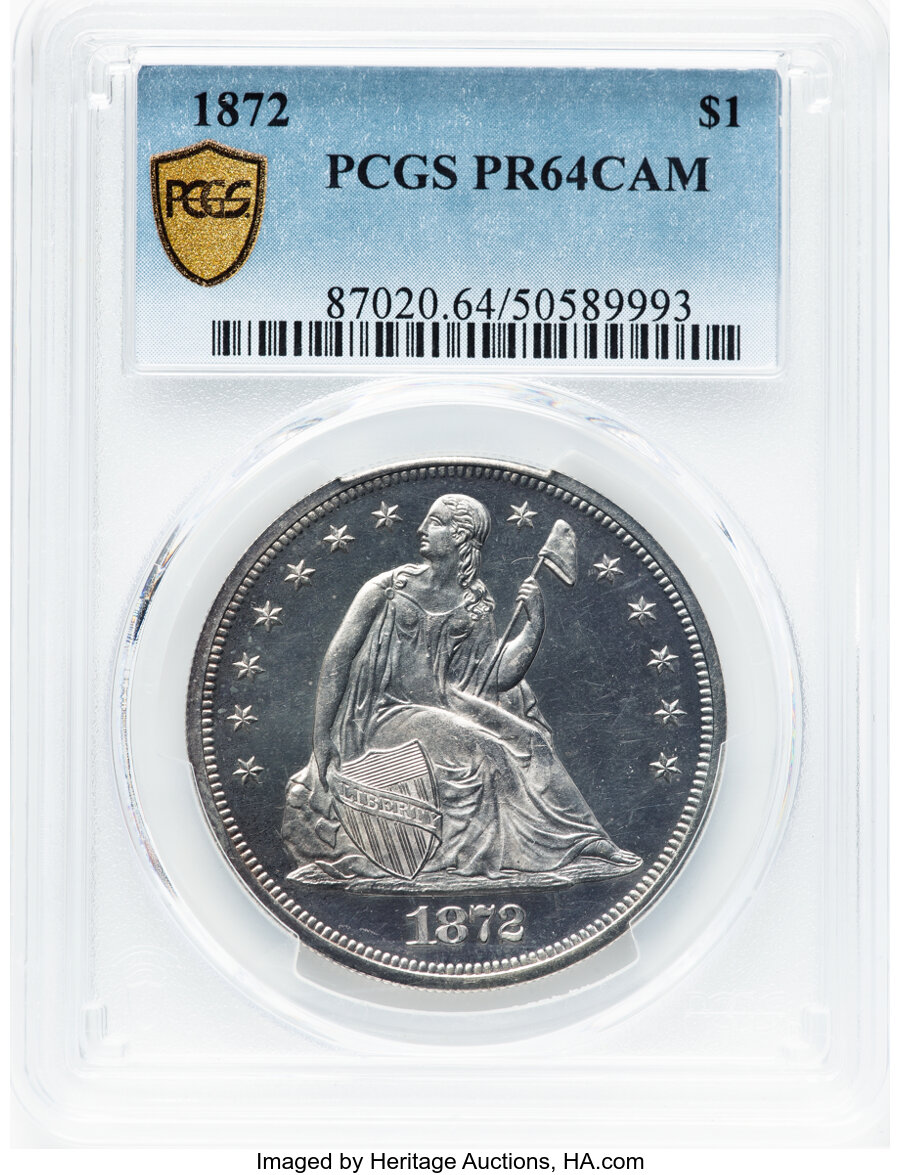 image for: 1872 $1 PR64 Cameo PCGS. PCGS Population: (18/11 and 6/0+).  Mintage 950. ...