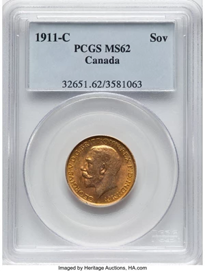 image for: Canada: George V gold Sovereign 1911-C MS62 PCGS,...