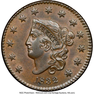 image for: 1832 1C Large Letters, N-3, R.1, MS62 Brown NGC. NGC Census: (3/11). Mintage 2,362,000....
