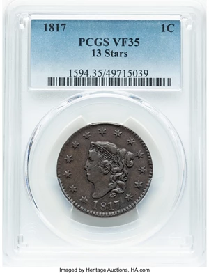 image for: 1817 1C 13 Stars, N-6, R.1, VF35 PCGS. PCGS Population: (42/451). Mintage 3,948,400....