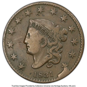 image for: 1831 1C Large Letters, N-12, R.1, Fine 15 PCGS. Noyes Die State H/B with a large cud below star 13....