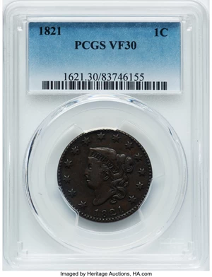 image for: 1821 1C N-2, R.1, VF30 PCGS. PCGS Population: (2/14). Mintage 389,000....