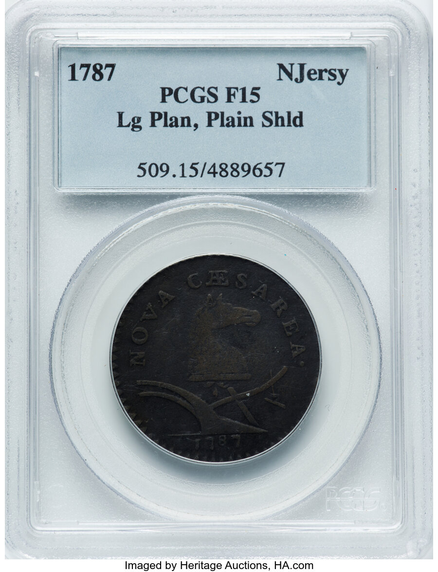 image for: 1787 New Jersey Copper, Hidden WM in Sprig, M. 62-q, W-5350, R.3, Fine 15 PCGS. Large Planchet, Plain Shield....