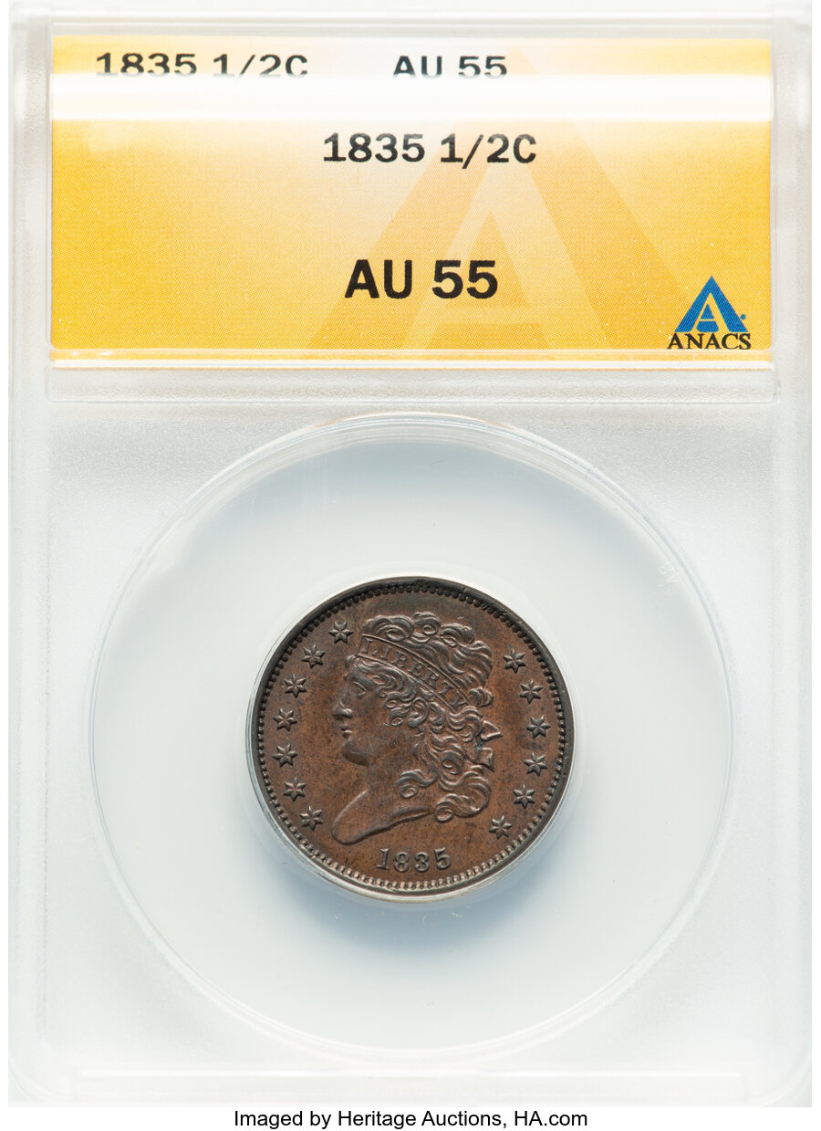 image for: 1835 1/2 C C-2, B-2, R.1, AU55 ANACS.  Mintage 398,000....