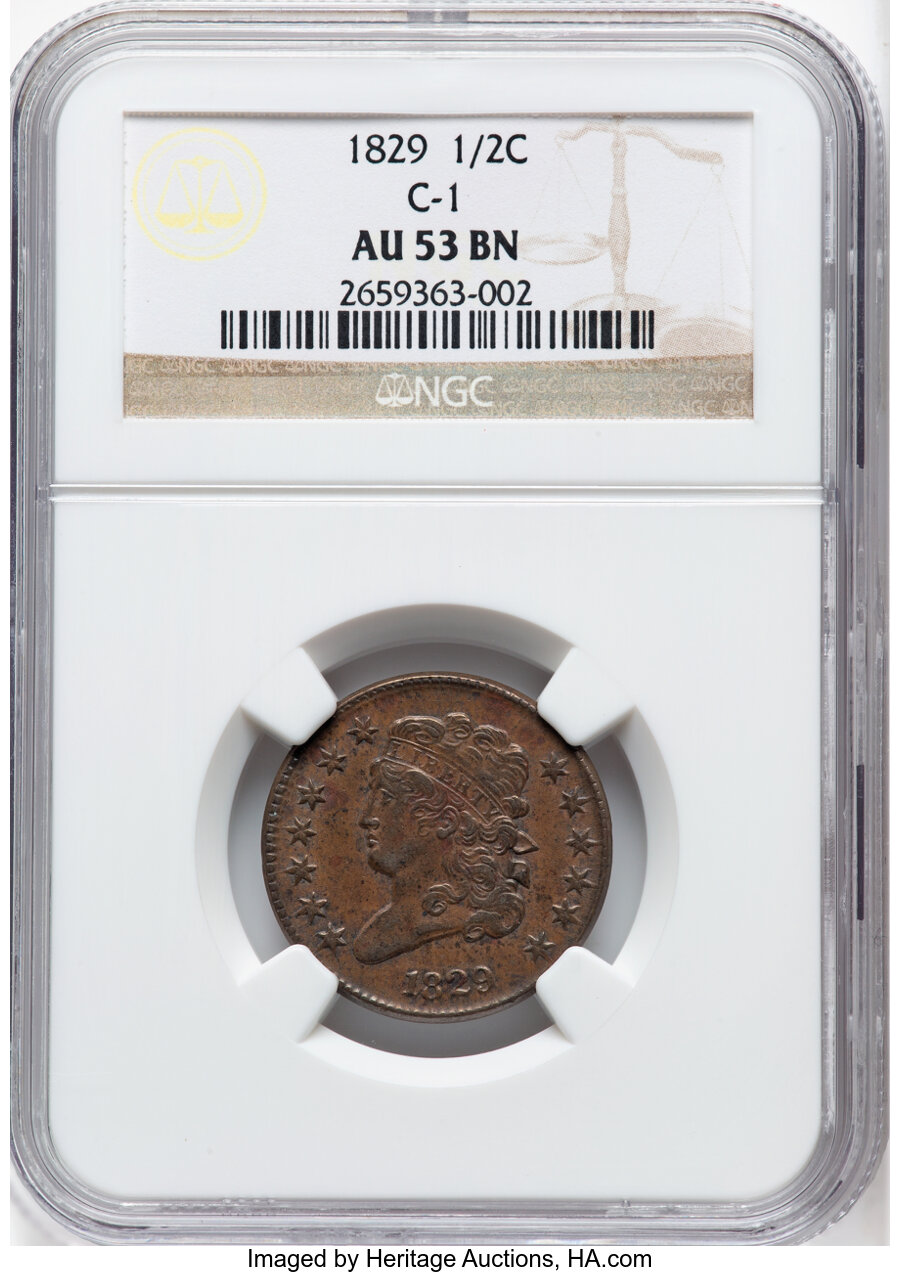 image for: 1829 1/2 C C-1, B-1, R.1, AU53 NGC. NGC Census: (25/257). Mintage 487,000....