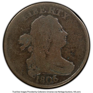 image for: 1806 1/2 C Small 6, Stems, C-2, B-1, R.4, VG8 PCGS. Ex: Green Tree Collection. PCGS Population: (2/19). NGC Census: (5/20)....