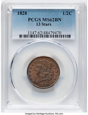 image for: 1828 1/2 C 13 Stars, C-3, B-2, R.1, MS62 Brown PCGS. Mintage 606,000....