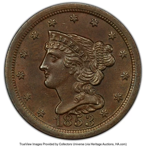 image for: 1853 1/2 C C-1, B-1, R.1, MS63 Brown PCGS. CAC. Ex: Indiana Collection. PCGS Population: (4/8 and 0/1+). NGC Census: (197/3...