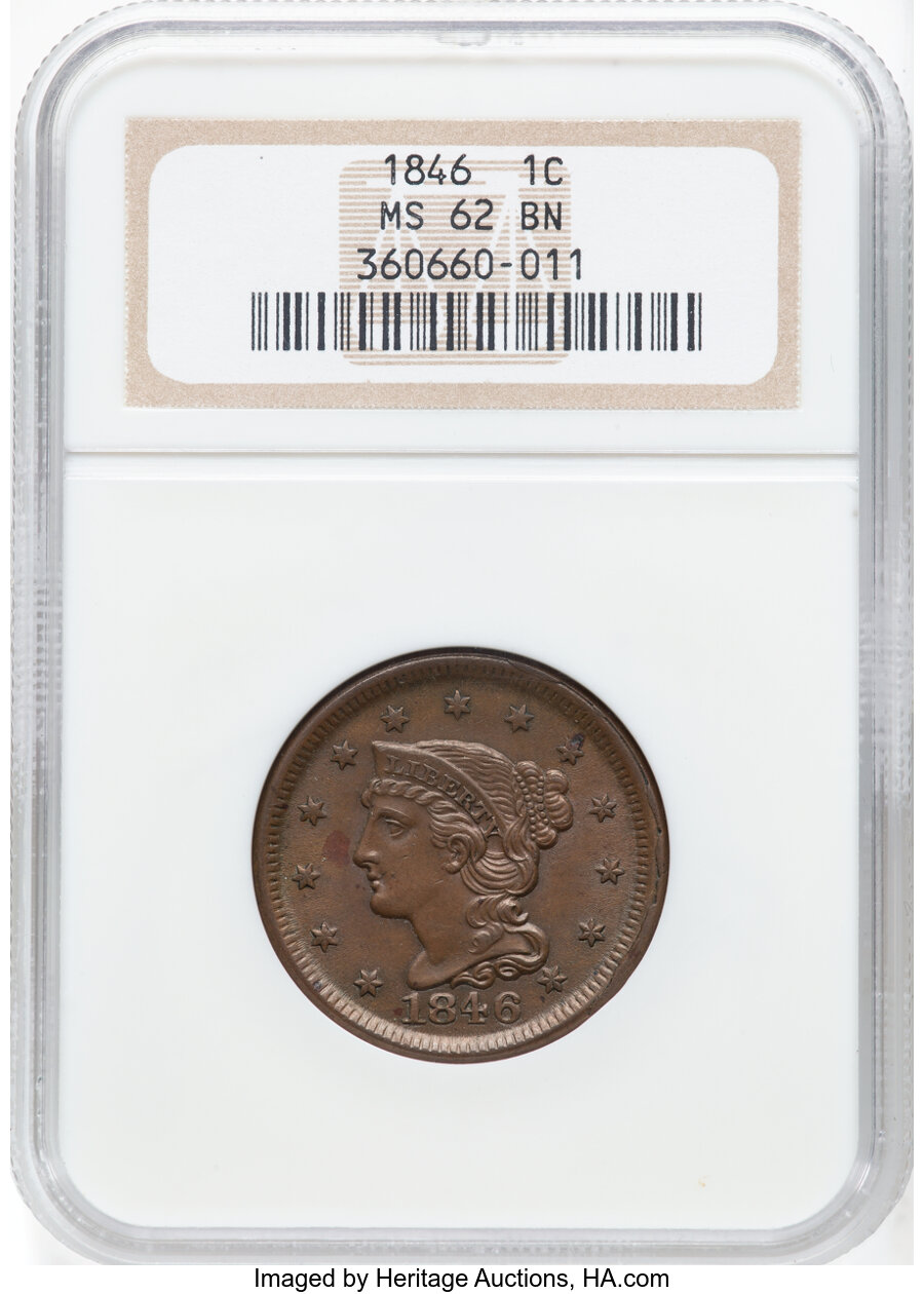 image for: 1846 1C Small Date, N-5, R.2, MS62 Brown NGC. Grellman Die State h, "extremely rare" with lengthy rim cuds on both sides. N...