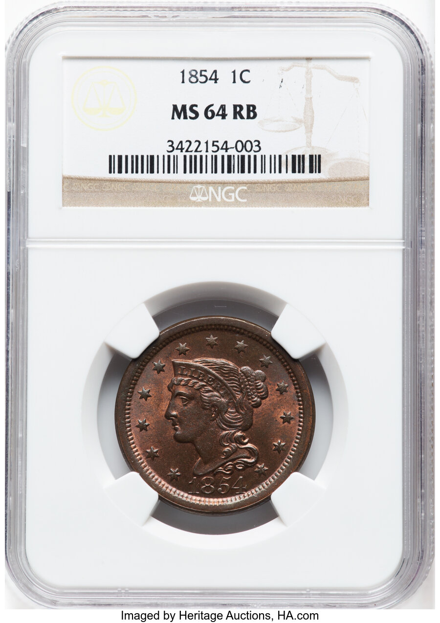 image for: 1854 1C N-17, R.1, MS64 Red and Brown NGC. NGC Census: (0/0).  Mintage 4,236,156....