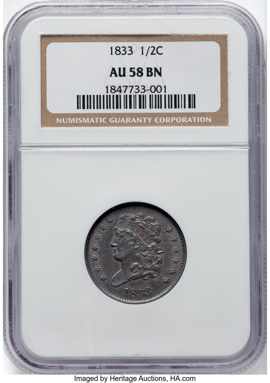 image for: 1833 1/2 C C-1, B-1, R.1, AU58 NGC.  Mintage 120,000....